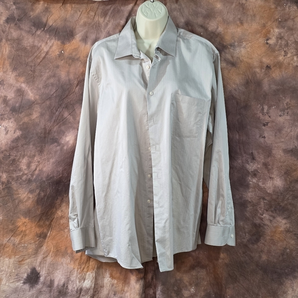 Van Heusen Mens Dress Shirt Button Down Herringbone Light Gray Tan 17 34/35